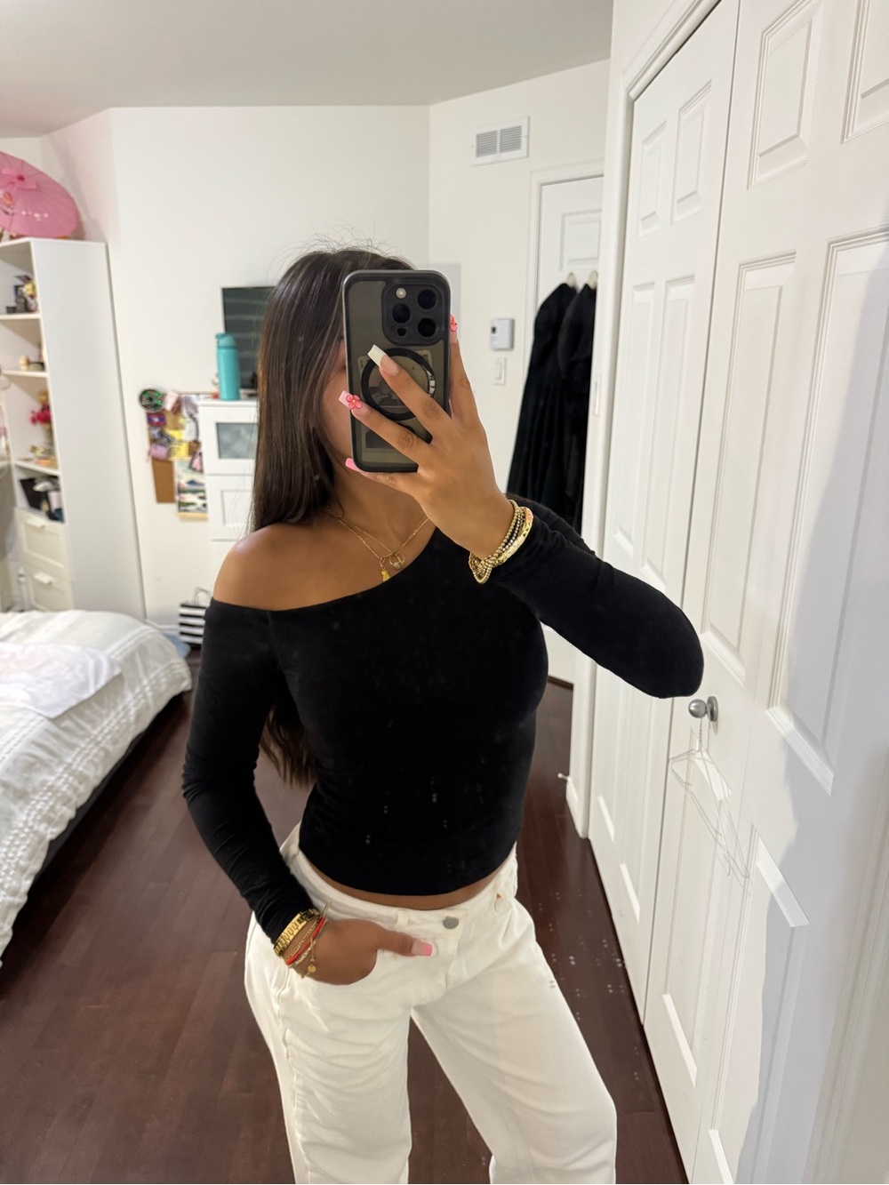 Garage Black Off-Shoulder Long Sleeve Top